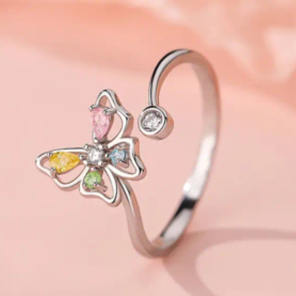 925 Sterling Silver Plated Alloy Adjustable Butterfly Ring CZ Rhinestones - Picture 2 of 7